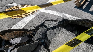 Dangerous stretch of road with damaged asphalt. The accident site is fenced off with black and yellow tape. The concept of repair or accident of sewerage, underground communications, water supply.