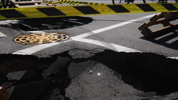 Dangerous Stretch Road Damaged Asphalt Accident Site Fenced Black Yellow — 图库视频影像