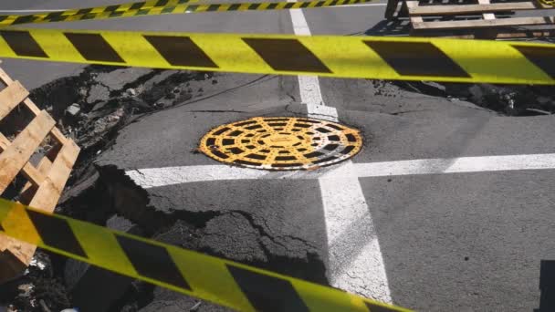 Dangerous Stretch Road Damaged Asphalt Accident Site Fenced Black Yellow — Stockvideo