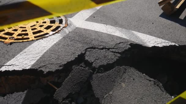 Dangerous Stretch Road Damaged Asphalt Accident Site Fenced Black Yellow — Video