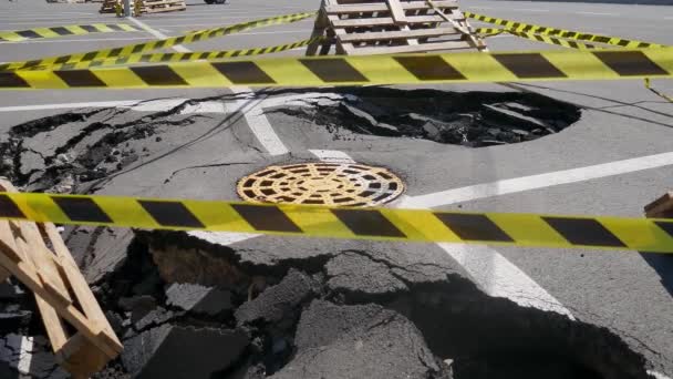 Dangerous Stretch Road Damaged Asphalt Accident Site Fenced Black Yellow — Video