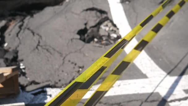 Dangerous Stretch Road Damaged Asphalt Accident Site Fenced Black Yellow — Video