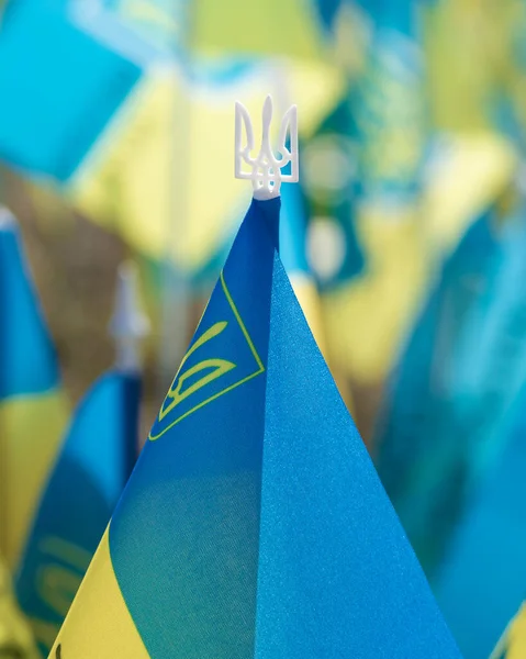 Ukrainian national official flag on blue sky background