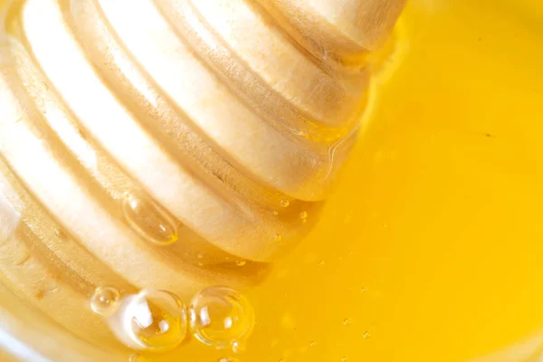 Honey drips from a wooden honey dipper on a yellow background. Sweet bee product for your design with copyspace. Close-up
