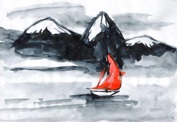 Schiff mit rotem Segel, Segel auf dem Fluss — Stockfoto