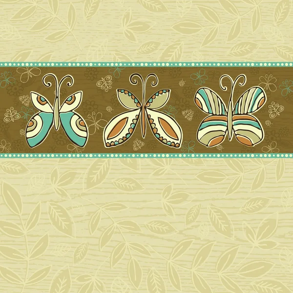 Dessiner à la main papillons sur fond de carrés beige — Image vectorielle