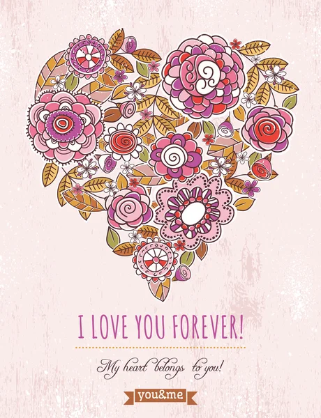 Fond rose avec coeur valentin de fleurs printanières, vecteur — Image vectorielle
