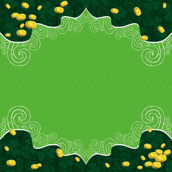 Green background with shamrock and golden coins — Stock Vector