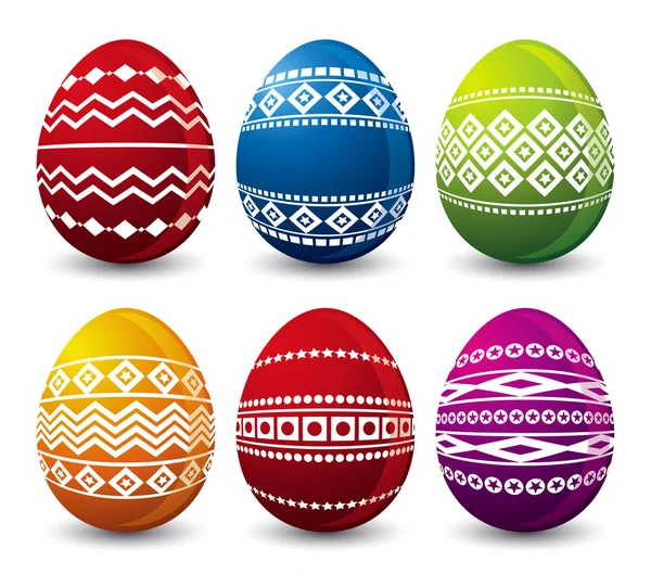 Zes kleur Pasen eieren op witte achtergrond — Stockvector