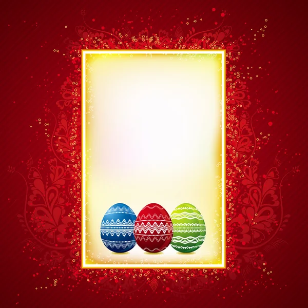 Three color easter eggs over red and yellow background — Stock Vector