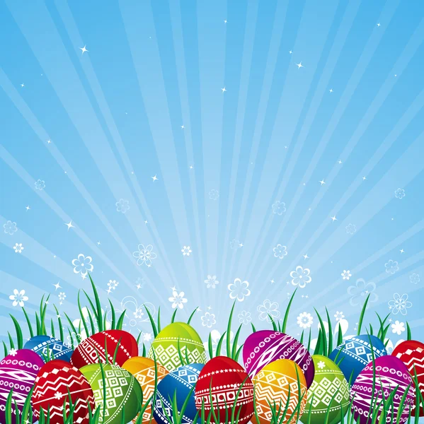 Muchos huevos de Pascua de color sobre fondo azul — Vector de stock