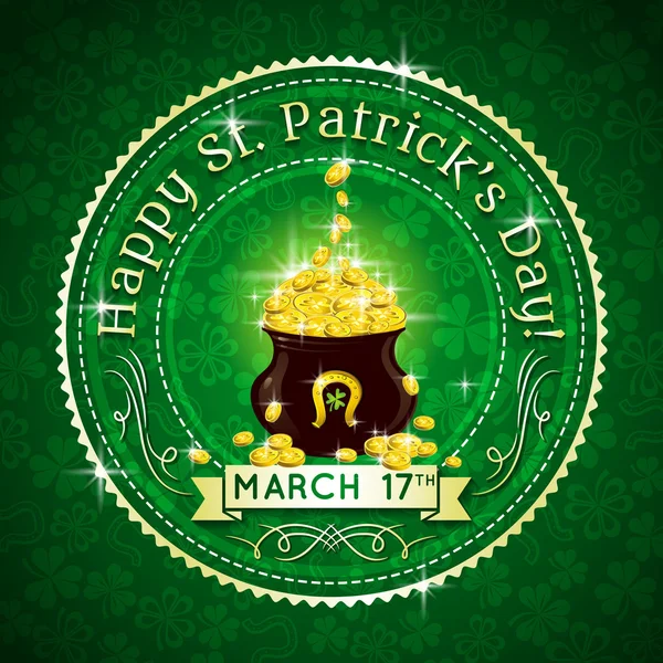 Card for St. Patrick's Day with text and pot with golden coins, — Stock Vector