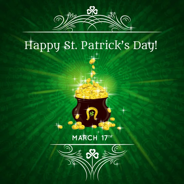 Card for St. Patrick's Day with text and pot with golden coins — Stock Vector