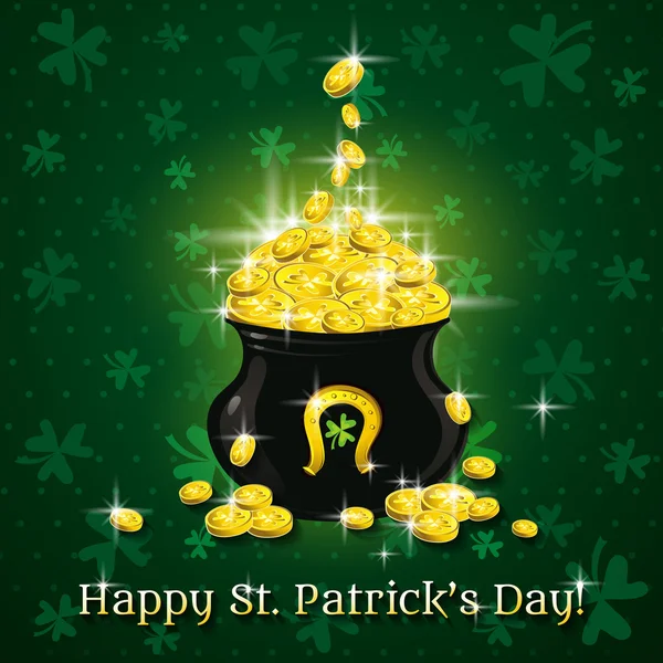 Carte pour la Saint-Patrick avec texte et pot avec des pièces d'or — Image vectorielle