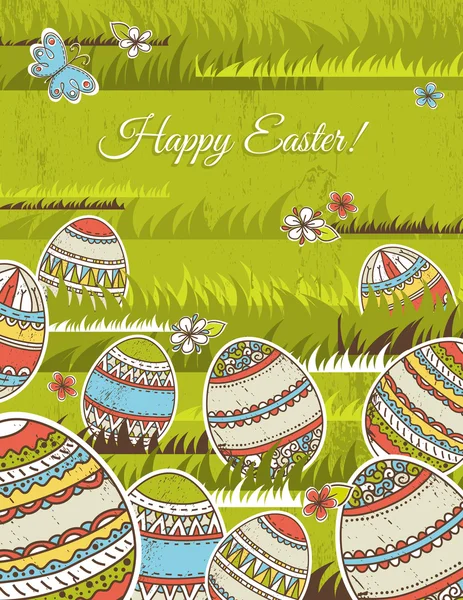 Green background with easter eggs, vector — Stock Vector