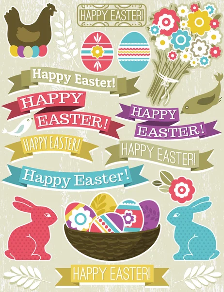 Background with ribbon, easter eggs, rabbit and flower — Stock Vector