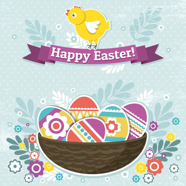 Background with easter eggs and one chick, vector — Stock Vector