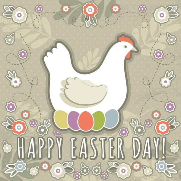 Greetings card with easter eggs and one hen — Stock Vector