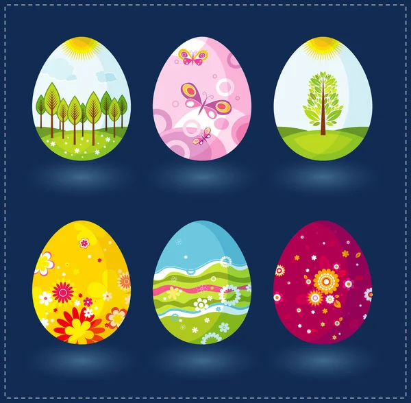 Six easter eggs over dark blue background — Stock Vector