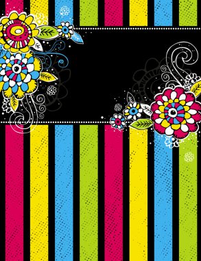 Hand draw  flowers on color stripe on black background clipart