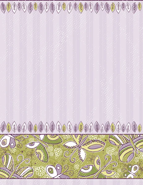 手縞模様の紫色の背景に蝶と花を描く — ストックベクタ