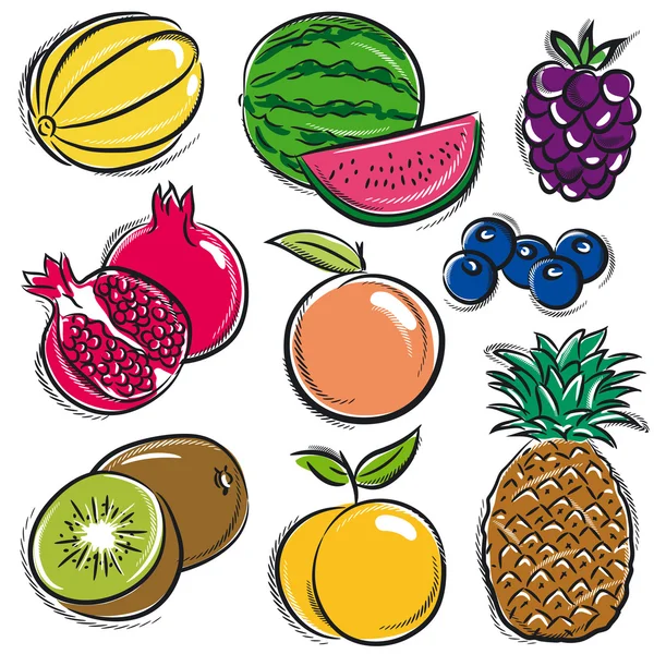 Conjunto de frutas, melón, sandía, mora, melocotón, vector — Vector de stock