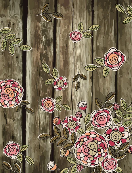 Mano disegnare fiori su sfondo di legno, vettore — Vettoriale Stock