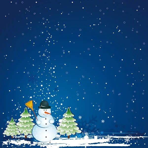 Christmas card  with forest of pine,snowman and snowflakes in the blue sky, vector illustration — Stock Vector