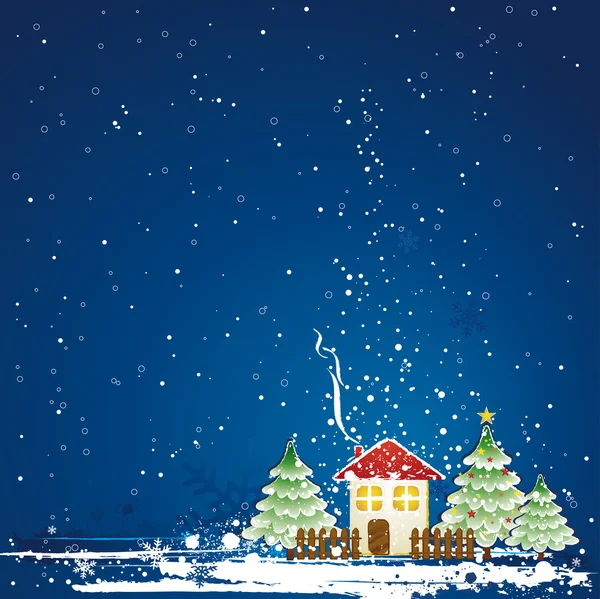 Noel kartı ile ev, çam ve mavi gökyüzü, vektör çizim kar taneleri