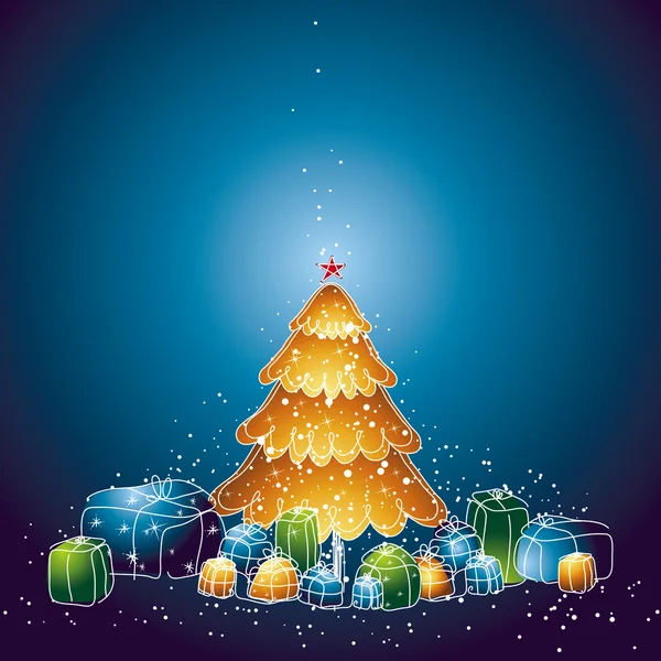 Illustrazione con albero di Natale e molti doni, illustrazione vettoriale — Vettoriale Stock