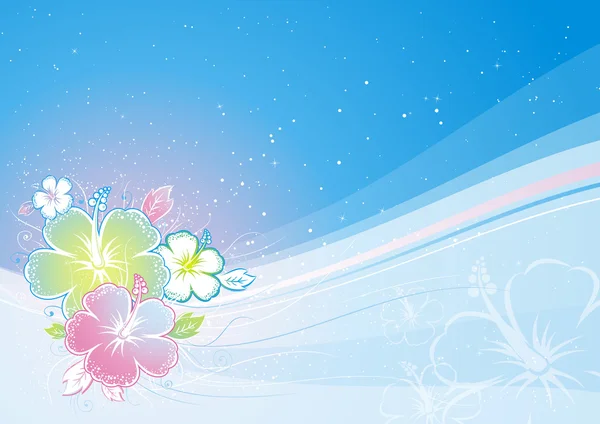 青色の背景にハイビスカスの花束 — ストックベクタ