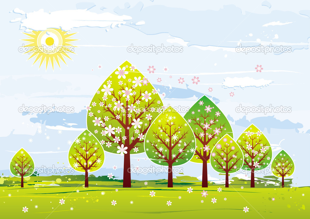 Landscape with many trees, flowers, vector illustration