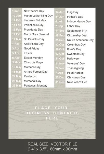 Calendario de bolsillo con lista de días festivos — Archivo Imágenes Vectoriales