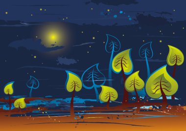 birçok ağaç ve moon, vektör ile gece manzarası