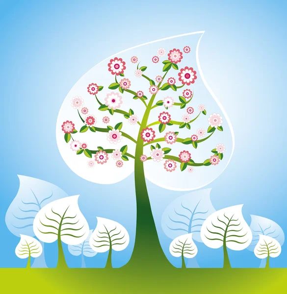 Illustratie met veel bomen en bloemen, vector — Stockvector