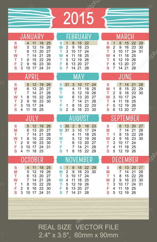 pocket calendar 2015 vector start on sunday stock vector monday through sunday calendar 2015