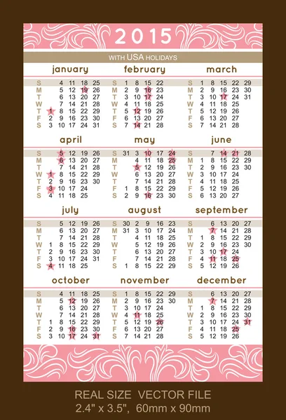Calendario de bolsillo rosa 2015, con vacaciones en los Estados Unidos — Archivo Imágenes Vectoriales