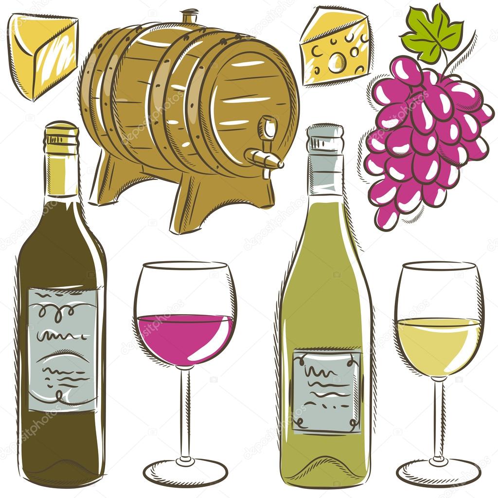 set of glasses and bottles for wine, vector