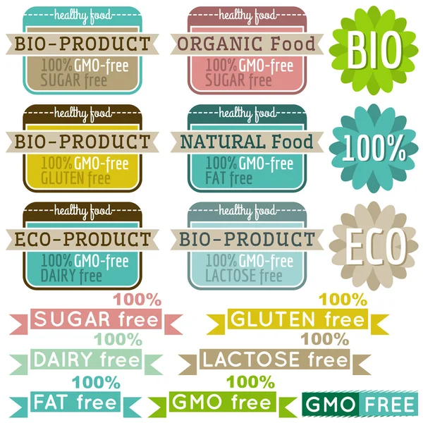 Ensemble d'étiquettes et d'emblèmes de produits biologiques naturels, vecteur — Image vectorielle