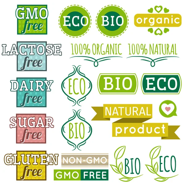 Conjunto de etiquetas y emblemas de productos orgánicos naturales, vector — Vector de stock