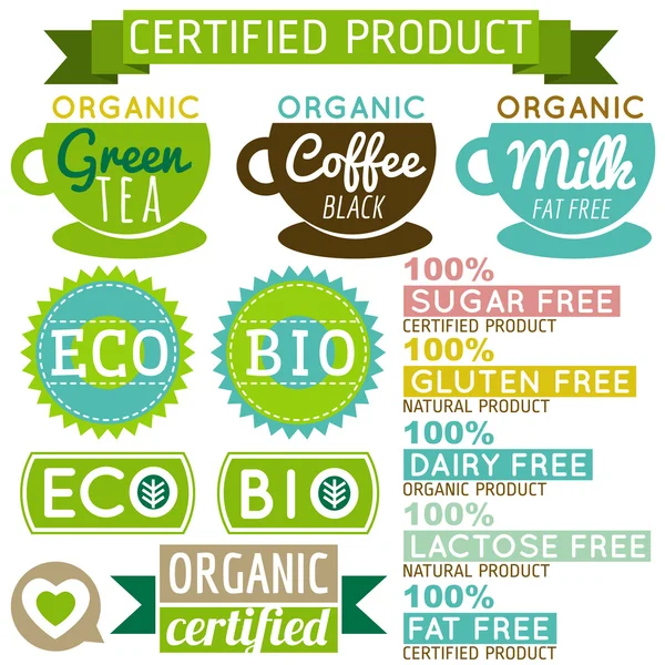Zestaw etykiet naturalnych produktów organicznych i emblematy, wektor — Wektor stockowy