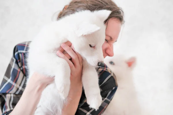 Mulher Segurando Abraçando Filhote Cachorro Yakutian Laika Enquanto Ele Olhando — Fotografia de Stock