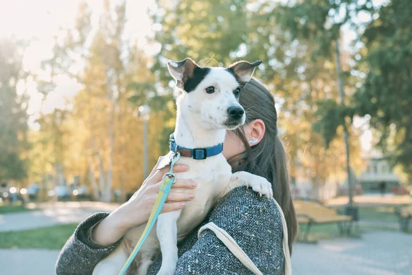 Молодая Женщина Осеннем Наряде Держит Свою Собаку Обнимает Обнимает Любимого — стоковое фото