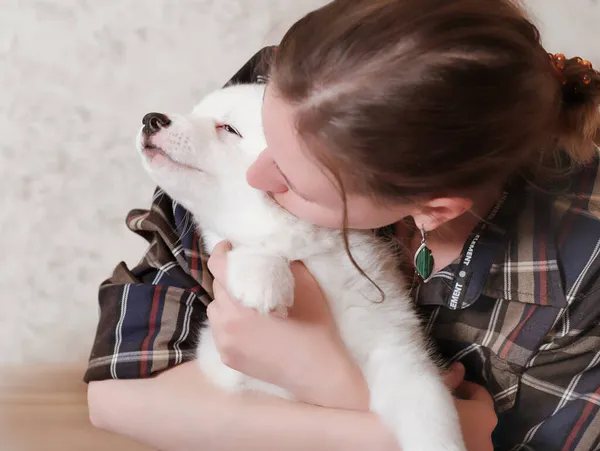 Woman Holding Embracing Yakutian Laika Puppy While Closes Eyese White — Stock Photo, Image