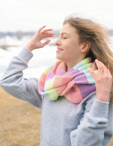 Teenager Girl Enjoying Windy Weather Wind Blowing Girl Hair Teen — Stock Photo, Image