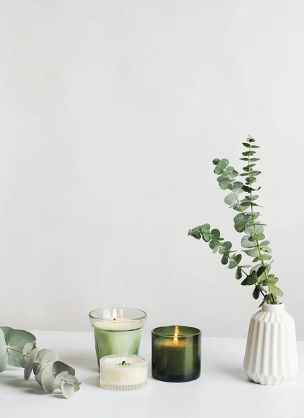 Eukalyptuszweige Bouquet Der Vase Und Aromatische Parfümkerzen Vertikaler Schuss Home — Stockfoto