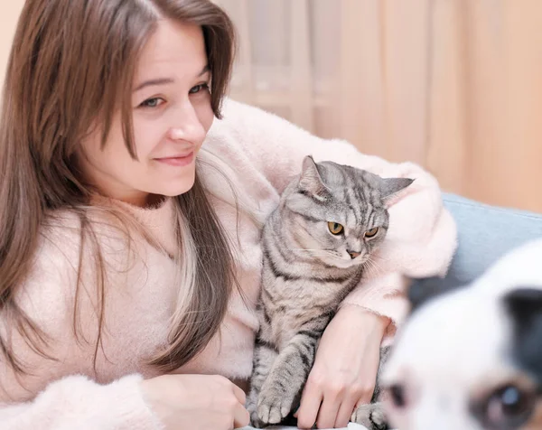 Young woman hugging her cat on the bed at home. woman and cat lying on a bed. grey tabby calm cat and smiling happy lady. — стоковое фото