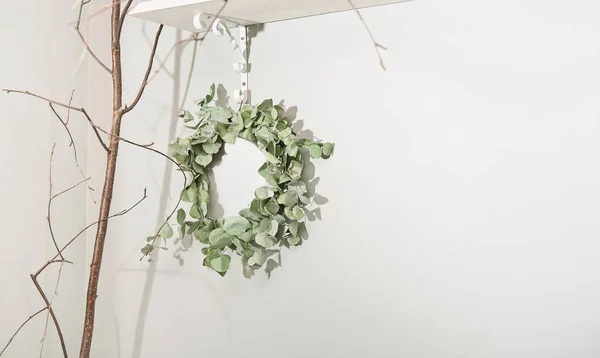 Eucaliptus Branch Wreath Hanging Wall Spring Decor Rustic Style Home Stock Photo