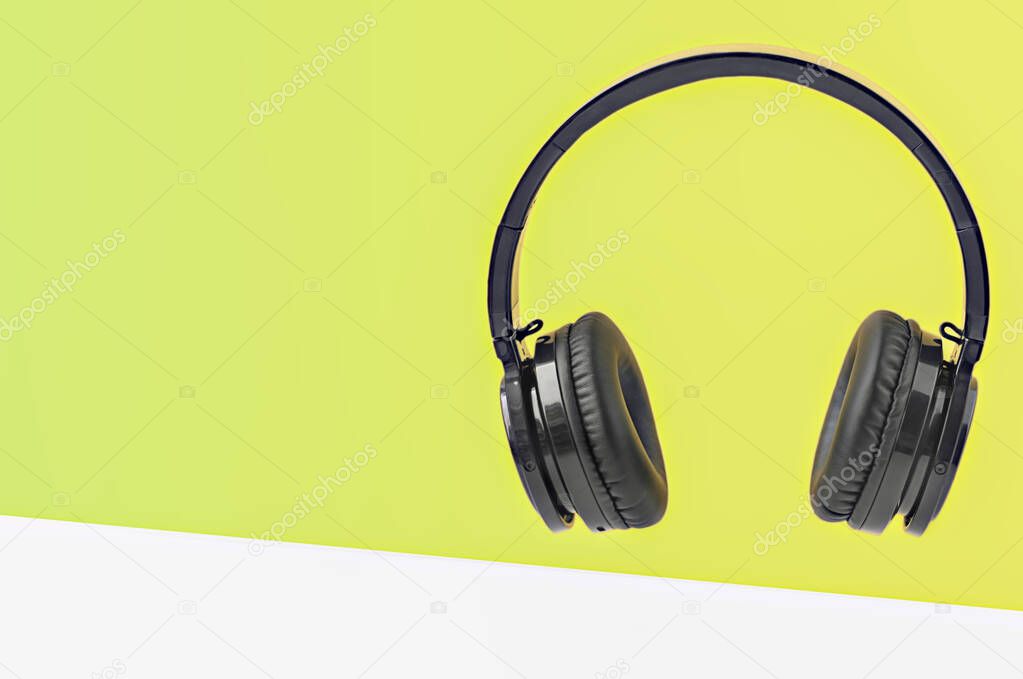 Digital noise canceling Wireless black headphones, technology concept, DJ and music listening, audio headset for music recording