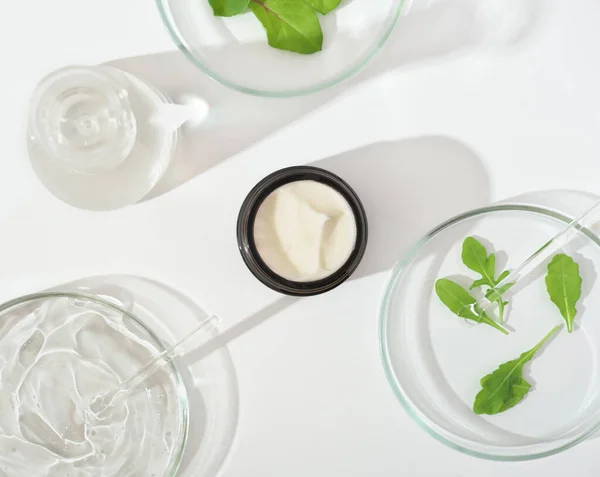 Recipientes de botellas cosméticas con hojas de hierbas verdes y cristalería científica, Investigación y desarrollo de productos naturales de belleza orgánica para el cuidado de la piel, —  Fotos de Stock